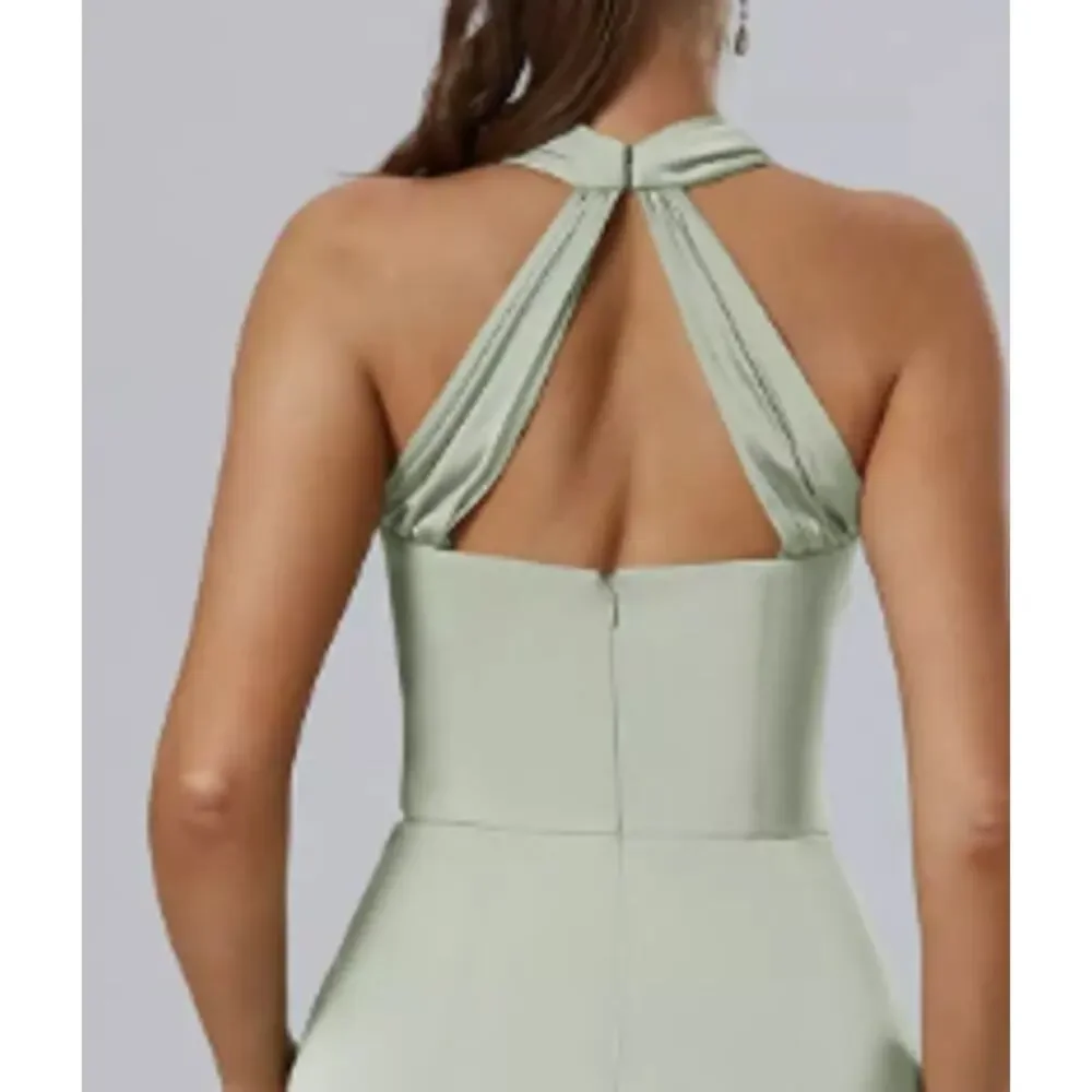 AW BRIDAL SZ 6 S sage green satin charmeuse Maharaol formal maxi dress NEW b53 - Picture 4 of 6